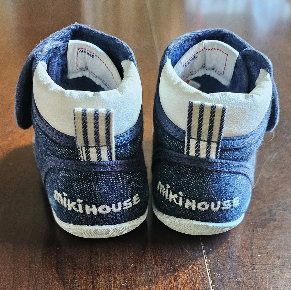 Miki House Classic Denim Baby Shoes with Bear Patch